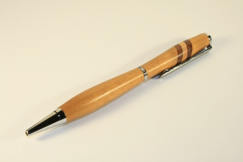 Slimline pen in tarred alder with chrome finish and aspen, sapele & walnut inlay